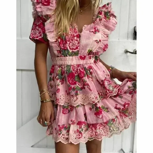 LoveShackFancy Aldina Mini Dress Pink Desert Floral Tiered Crochet SZ XS NWT - Picture 1 of 8